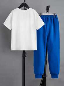 SHEIN Boys Letter Graphic Tee & Drawstring Waist Joggers - Blue - View 2