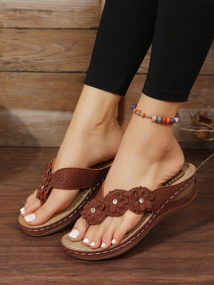 Flower Decor Thong Wedge Sandals - Rust Brown - View 1