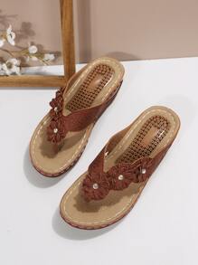 Flower Decor Thong Wedge Sandals - Rust Brown - View 4