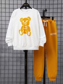 SHEIN Boys Bear Print Sweatshirt & Joggers - Multicolor - View 1