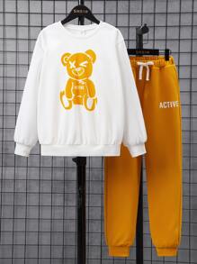 SHEIN Boys Bear Print Sweatshirt & Joggers - Multicolor - View 2