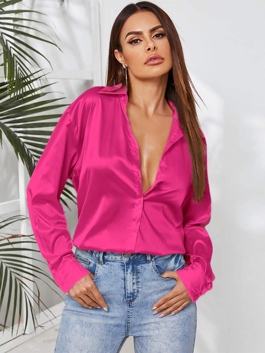 SHEIN Privé Camisa unicolor con botón de satén - Rosa Fucsia - Ver 1