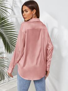 SHEIN Privé Áo sơ mi nữ Nút phía trước màu trơn Thanh lịch - Bụi hồng - Xem 2