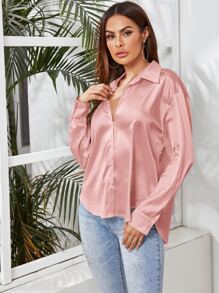 SHEIN Privé Áo sơ mi nữ Nút phía trước màu trơn Thanh lịch - Bụi hồng - Xem 3