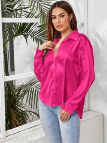 SHEIN Privé Camisa unicolor con botón de satén - Rosa Fucsia - Ver 3