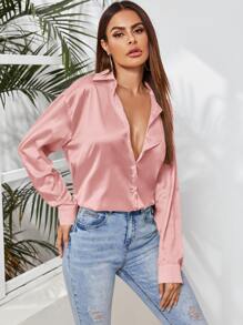 SHEIN Privé Áo sơ mi nữ Nút phía trước màu trơn Thanh lịch - Bụi hồng - Xem 5