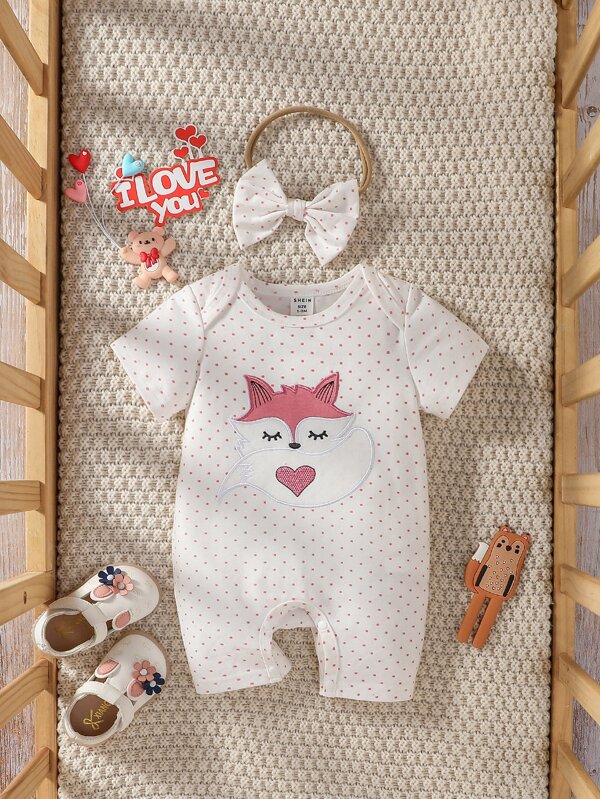 嬰兒波卡圓點和卡通圖案連身短褲和頭巾