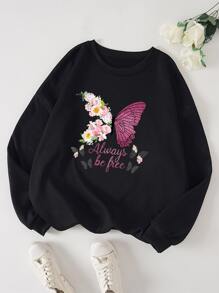 SHEIN LUNE Plus Floral & Butterfly Print Thermal Lined Sweatshirt - Black - View 1