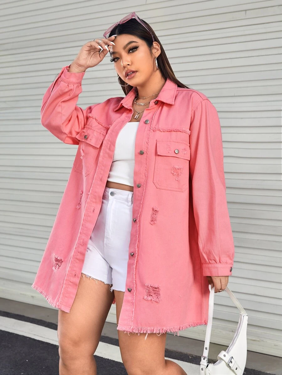 SHEIN EZwear Plus Ripped Raw Cut Flap Pocket Denim Jacket - Coral Pink - View 1