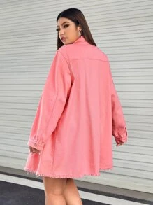 SHEIN EZwear Plus Ripped Raw Cut Flap Pocket Denim Jacket - Coral Pink - View 2