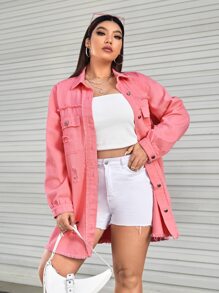 SHEIN EZwear Plus Ripped Raw Cut Flap Pocket Denim Jacket - Coral Pink - View 5