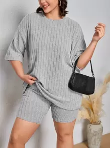 CovetEZ Plus Drop Shoulder Tee & Shorts - Light Grey - View 3