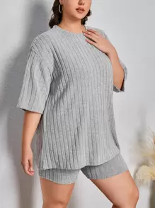 CovetEZ Plus Drop Shoulder Tee & Shorts - Light Grey - View 5