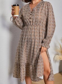 SHEIN VCAY Plus Allover Print Flounce Sleeve Ruffle Hem Dress - Multicolor - View 1