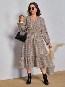 SHEIN VCAY Plus Allover Print Flounce Sleeve Ruffle Hem Dress - Multicolor - View 4