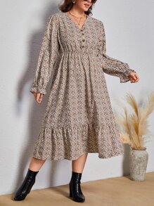 SHEIN VCAY Plus Allover Print Flounce Sleeve Ruffle Hem Dress - Multicolor - View 5