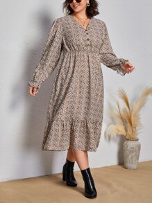 SHEIN VCAY Plus Allover Print Flounce Sleeve Ruffle Hem Dress - Multicolor - View 6