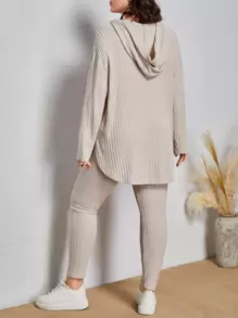 SHEIN LUNE Plus Drop Shoulder Split Hem Hooded Tee & Leggings - Beige - View 2