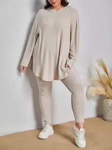SHEIN LUNE Plus Drop Shoulder Split Hem Hooded Tee & Leggings - Beige - View 3