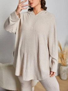 SHEIN LUNE Plus Drop Shoulder Split Hem Hooded Tee & Leggings - Beige - View 4