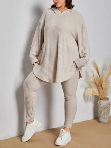 SHEIN LUNE Plus Drop Shoulder Split Hem Hooded Tee & Leggings - Beige - View 5