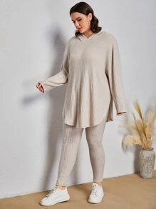 SHEIN LUNE Plus Drop Shoulder Split Hem Hooded Tee & Leggings - Beige - View 6