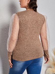 SHEIN Privé Camiseta de malla en contraste de manga farol - Marrón Mocha - Ver 2