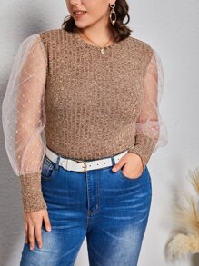 SHEIN Privé Camiseta de malla en contraste de manga farol - Marrón Mocha - Ver 3