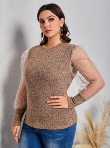 SHEIN Privé Camiseta de malla en contraste de manga farol - Marrón Mocha - Ver 5