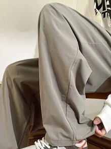 Manfinity Hypemode 男士休閒束口寬鬆純色長褲 - 卡其色 - 查看 5
