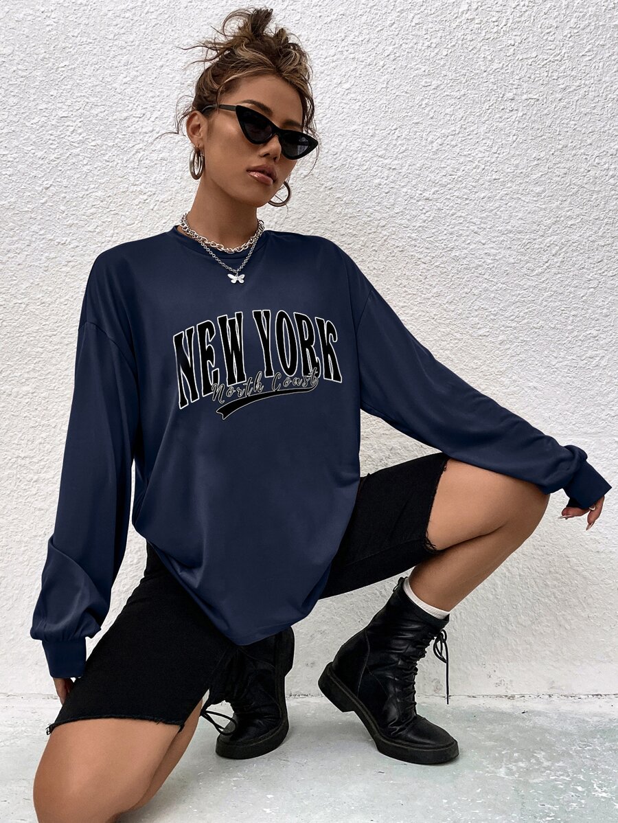 SHEIN Unity Letter Graphic Drop Shoulder Tee - Navy Blue - View 1