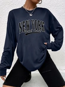 SHEIN Unity Letter Graphic Drop Shoulder Tee - Navy Blue - View 3