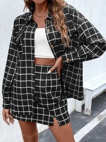 SHEIN LUNE Grid Print Drop Shoulder Shirt & Split Hem Skirt - Black - View 1