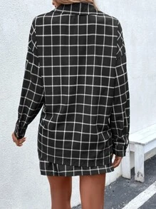 SHEIN LUNE Grid Print Drop Shoulder Shirt & Split Hem Skirt - Black - View 2