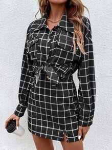 SHEIN LUNE Grid Print Drop Shoulder Shirt & Split Hem Skirt - Black - View 5