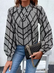 SHEIN LUNE Geo Print Mock Neck Lantern Sleeve Blouse - Black - View 1