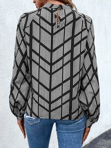 SHEIN LUNE Geo Print Mock Neck Lantern Sleeve Blouse - Black - View 2