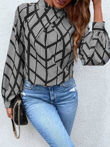 SHEIN LUNE Geo Print Mock Neck Lantern Sleeve Blouse - Black - View 5