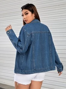Plus Star Print Ripped Drop Shoulder Denim Jacket - Dark Wash - View 2