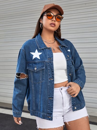 Plus Star Print Ripped Drop Shoulder Denim Jacket