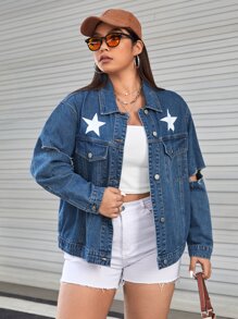 Plus Star Print Ripped Drop Shoulder Denim Jacket - Dark Wash - View 5