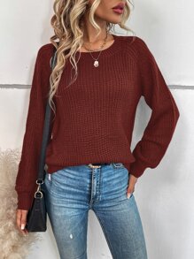 SHEIN LUNE Jersey de manga raglán tejido de canalé - Óxido marrón - Ver 4