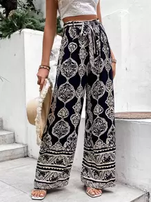 Breezaya Damask Print Tie Front Wide Leg Trousers - Navy Blue - View 1