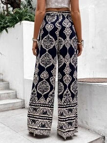 Breezaya Damask Print Tie Front Wide Leg Trousers - Navy Blue - View 2
