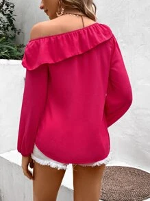 SHEIN VCAY Blusa de cuello asimétrico ribete con fruncido de manga farol - Rosa Fucsia - Ver 2