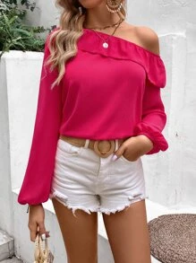 SHEIN VCAY Blusa de cuello asimétrico ribete con fruncido de manga farol - Rosa Fucsia - Ver 3