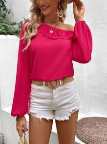 SHEIN VCAY Blusa de cuello asimétrico ribete con fruncido de manga farol - Rosa Fucsia - Ver 4