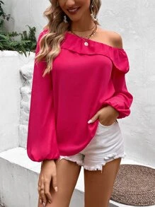 SHEIN VCAY Blusa de cuello asimétrico ribete con fruncido de manga farol - Rosa Fucsia - Ver 6