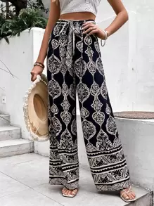 Breezaya Damask Print Tie Front Wide Leg Trousers - Navy Blue - View 6