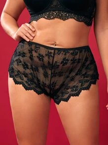 Plus Floral Lace Panty - Black - View 1